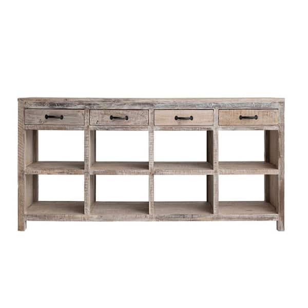  79 in. Natural Brown Rectangle Wood Console Table with 4 Drawers and 8 Storage Sections