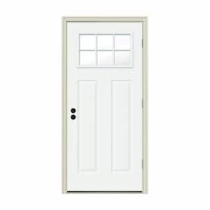 32 in. x 80 in. 6 Lite Craftsman White Painted Steel Prehung Left-Hand Outswing Front Door w/Brickmould