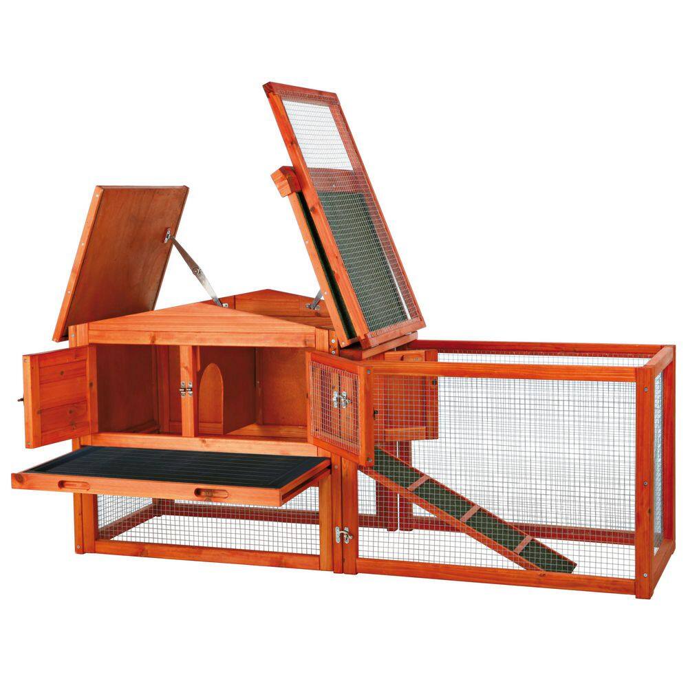 Brown Glazed Pine 2-Story Rabbit Hutch with Outdoor Run