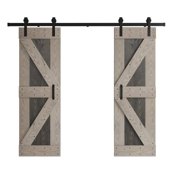 COAST SEQUOIA INC Coast Sequoia Embossing K Series 60 in. x 84 in. Dark Gray/Light Gray Knotty Wood Double Sliding Door with Hardware Kit