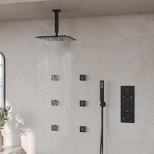 Anti Scald Shower Trims and Valve 5-Spray Ceiling Mount 12 in. Fixed and Handheld Shower Head 2.5 GPM in Matte Black