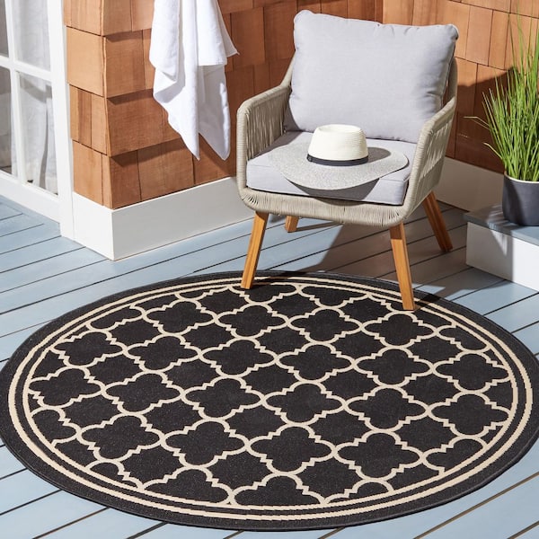 Courtyard Black/Beige 8 ft. x 8 ft. Round Transitional Geometric Indoor/Outdoor Patio Area Rug