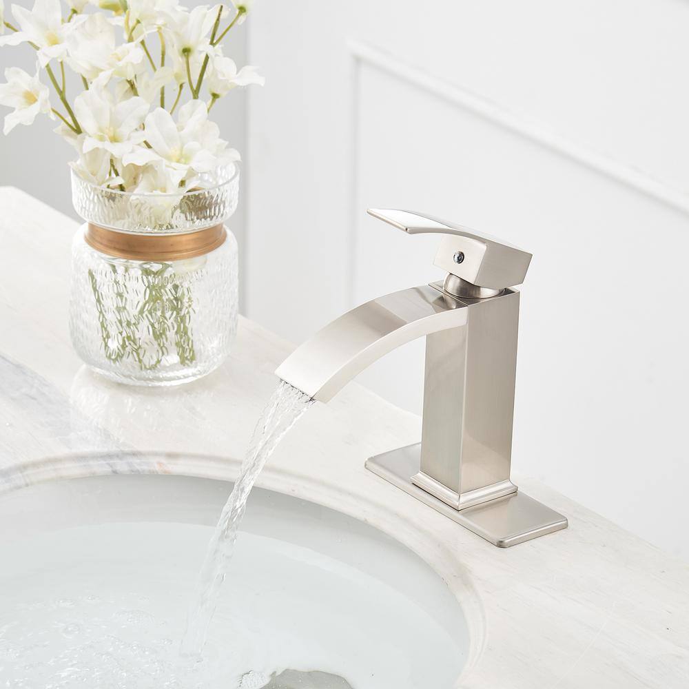 Brushed Nickel Single-Handle Waterfall Bathroom Faucet with Drain