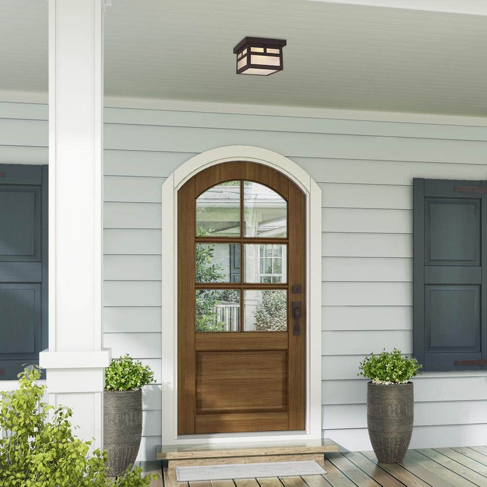 Bronze Montclair Mission 1-Light Outdoor Flush Mount with Iridescent Tiffany Glass