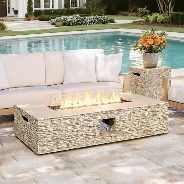 56-Inch Rectangle Magnesium Oxide Gas Fire Pit Table, Includes Tank Cover and Wind Guard, Beige