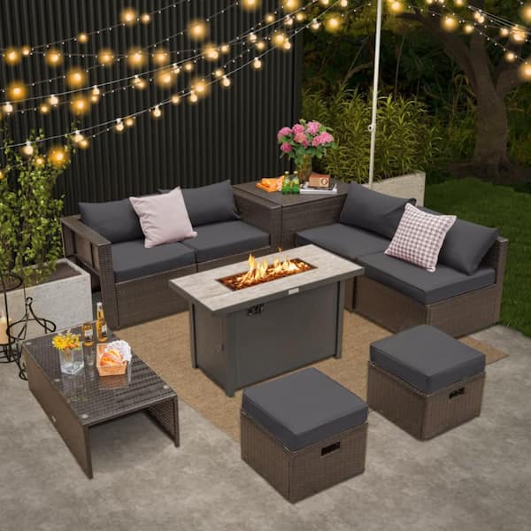 Kadehome Outdoor 9-Piece Brown Patio Wicker Furniture Set with 42 in. Propane Fire Pit Table and Gray Cushions