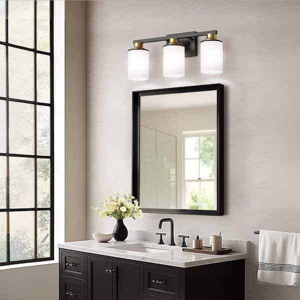 20 in. 3-Light Matte Black and Gold Vanity Light with White Glass Shades for Bathroom Mirror or Dressing