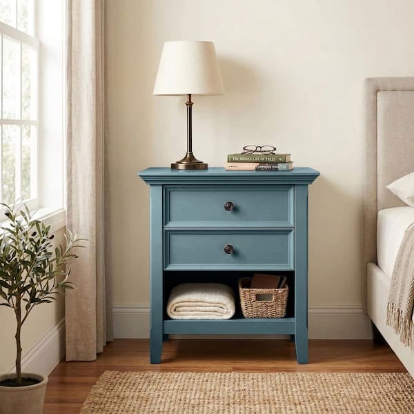 Amherst 24 in. Wide Rectangle Solid Wood Nightstand Table with 2 Drawers in French Blue