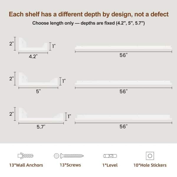 56 in. W x 4.2 in./5 in./5.7 in. D White Engineered Wood Wall-Mounted Decorative Wall Shelves with Picture Ledge(3-Pack)