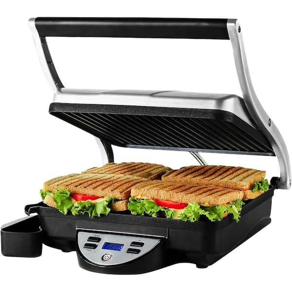 VEVOR Commercial Sandwich Panini Press Grill 1800-Watt Single Full Grooved Plates Stainless Steel Sandwich Maker, Silver