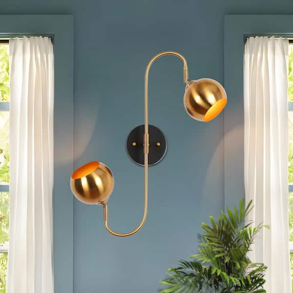 Adjustable 2-Light Plated Brass Wall Sconce Lighting, Modern Rustic Black Bath Vanity Light, Globe Wall Lamp for Foyer