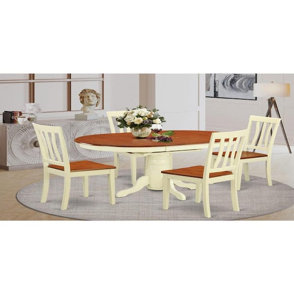 East West Furniture 5-Piece Oval Buttermilk and Cherry Finish Solid Wood Top Dining table with 4 Chairs with Lattice Back
