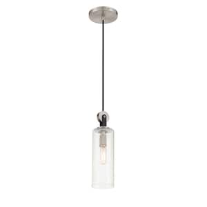 Pullman Junction 1-Light Brushed Nickel and Black Bell Mini Pendant with Clear Glass Shade
