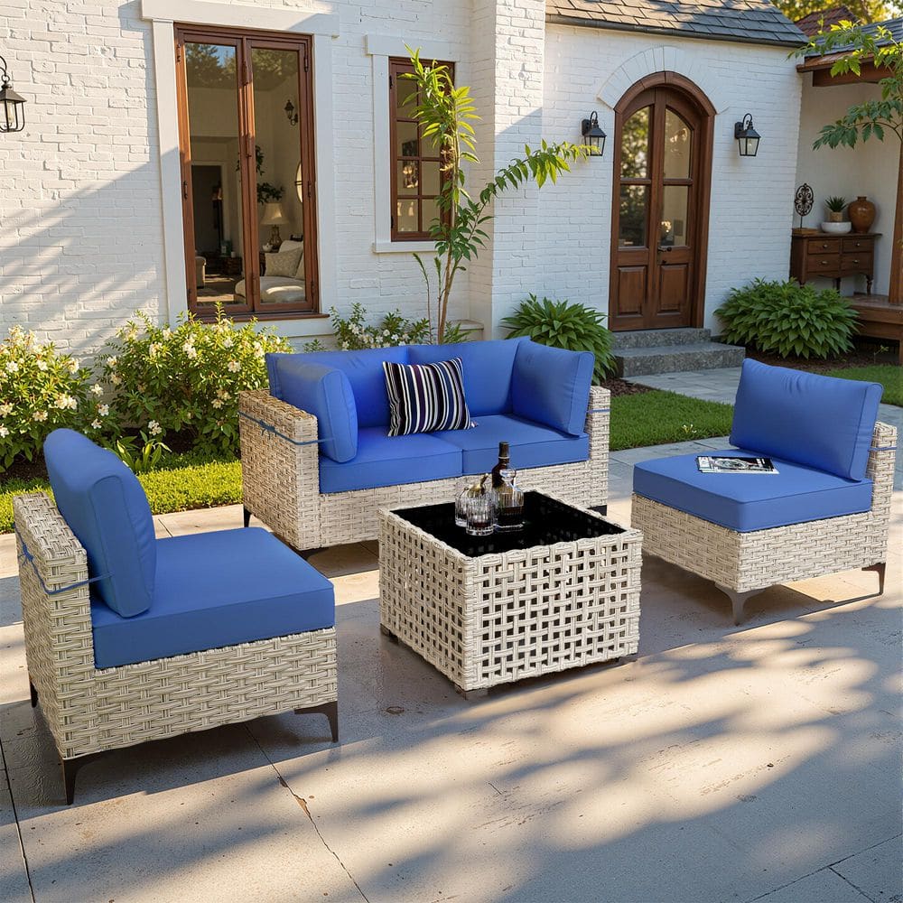Supery Gray 5-Piece Wicker Patio Conversation Seating Set with Navy Blue Cushions and Coffee Table price history on PriceWatchPro