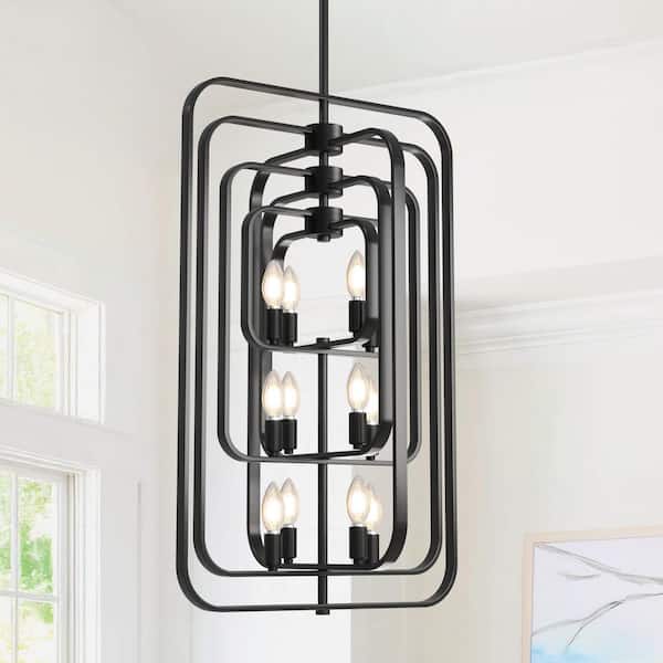 Magic Home 3-Tier 12-Light Modern Black Geometric Chandelier Light Fixture for Dining Room or Kitchen