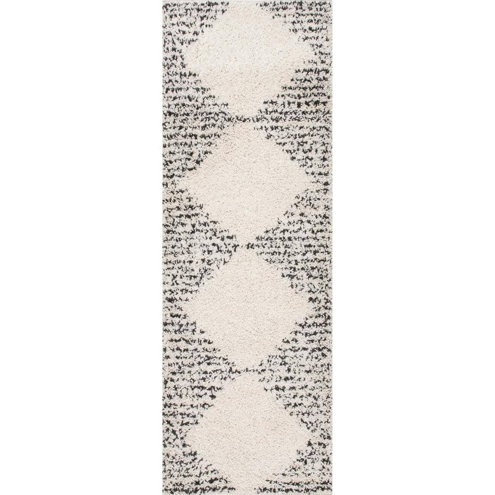 Scarlette Off-White and Charcoal Diamond Shag Runner Rug