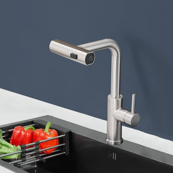 Modern Single Handle Single Hole Pull Out Sprayer Kitchen Faucet Stainless Steel in Brushed Nickel