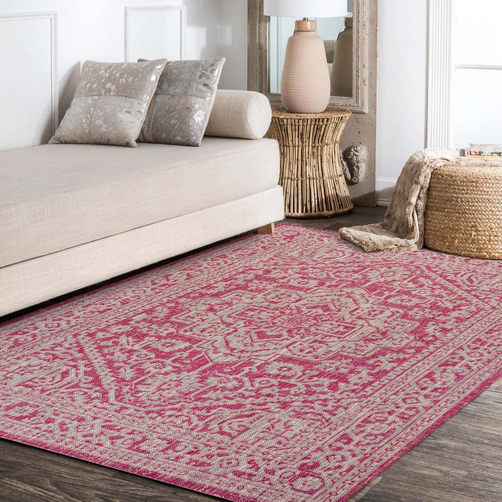 Fuchsia and Light Gray Medallion Synthetic 8' x 10' Area Rug