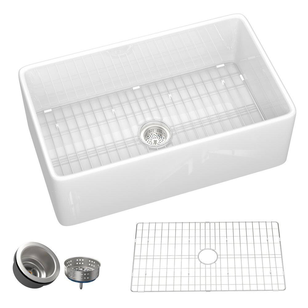 33" White Fireclay Farmhouse Apron-Front Kitchen Sink with Accessories