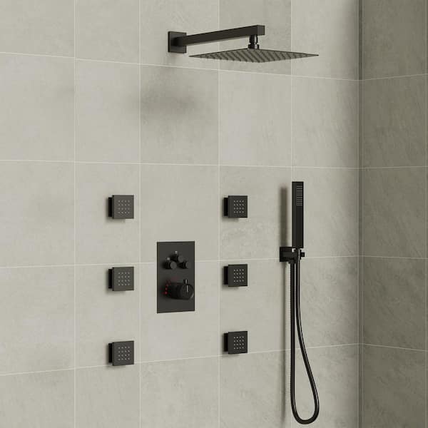 3-Spray 12 in. Thermostatic Wall Bar Shower Systems with Handheld 2.5 GPM in Matte Black (Valve Included)