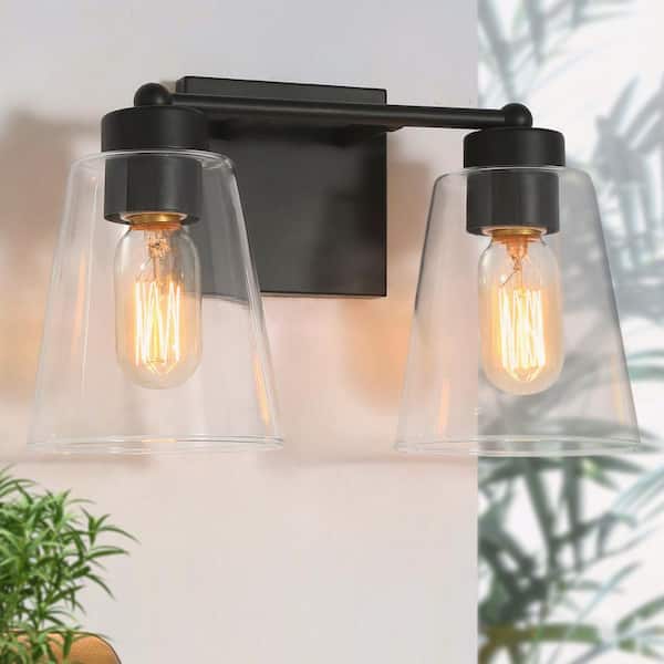 Uolfin Farmhouse Bell Bathroom Vanity Light 2-Light Industrial Cone Black Wall Light with Clear Glass Shades