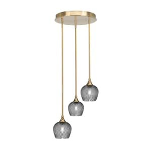 Villa 15.25 in. 3-Light New Age Brass Cluster Pendant Light with 6 in. Smoke Textured Glass Shades, no bulbs included