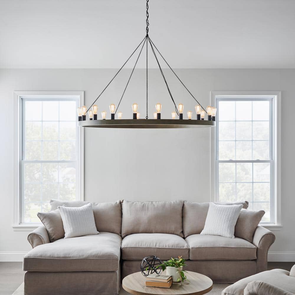 Avenir 20-Light Weathered Oak and Antique Forged Iron Chandelier