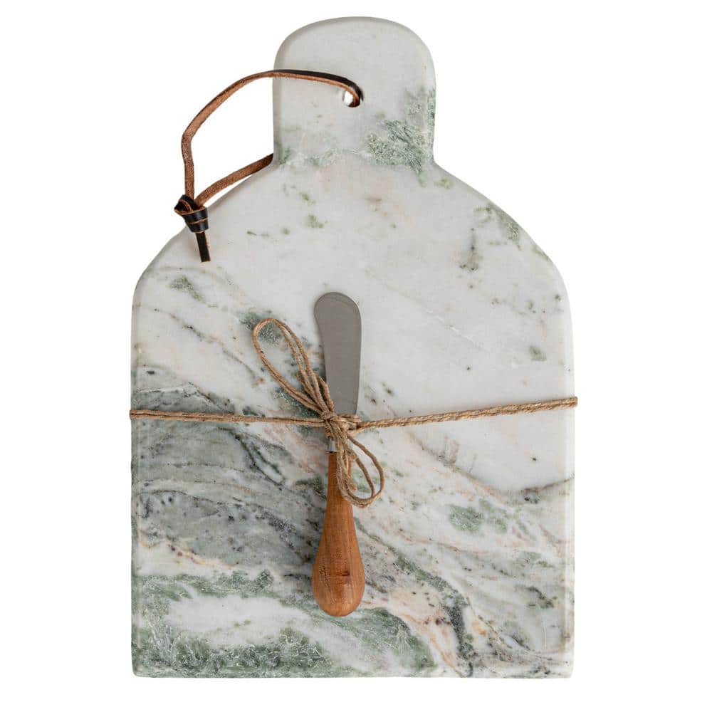 12" Green Marble and Mango Wood Cutting Board with Knife