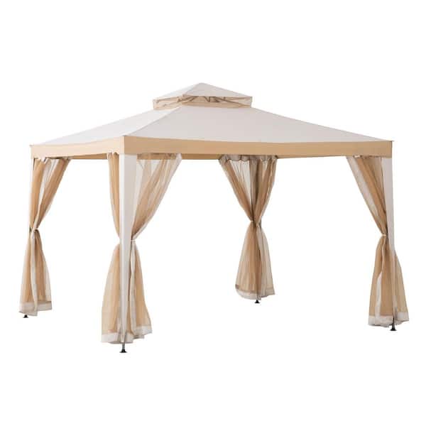 10 ft. x 10 ft. Outdoor Modern 2-Tier Steel Frame Soft Top Gazebo with Mesh Netting for Backyard and Patio-Grey & Khaki