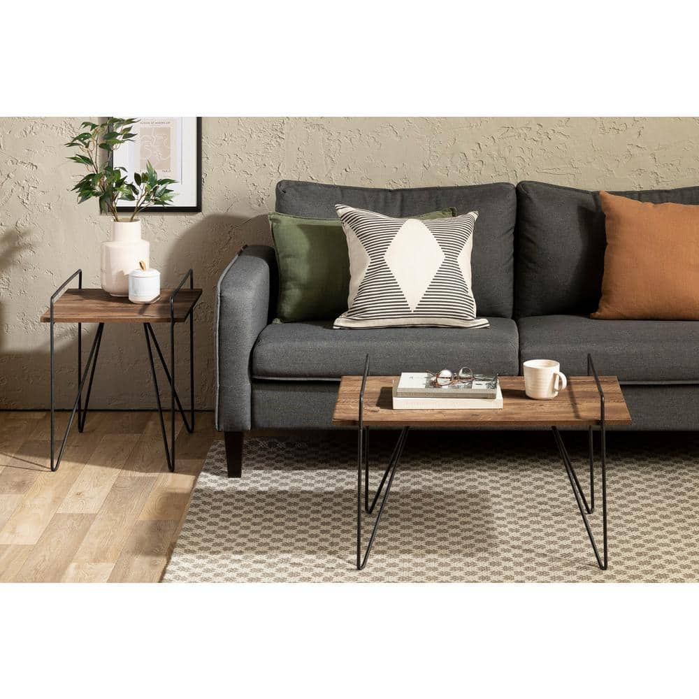 Brown Oak and Black Metal Rectangular Coffee Table