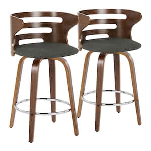 Cosi 25.25 in. Charcoal Fabric, Walnut Wood and Chrome Metal Fixed-Height Counter Stool with Round Footrest (Set of 2)
