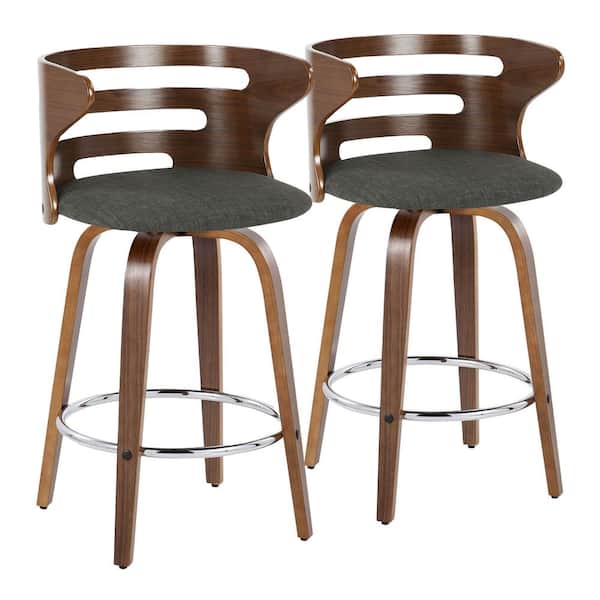 Lumisource Cosi 25.25 in. Charcoal Fabric, Walnut Wood and Chrome Metal Fixed-Height Counter Stool with Round Footrest (Set of 2)