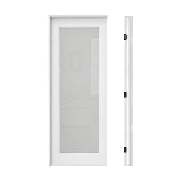 28 in. x 80 in. 1-Lite Frosted Glass Right Hand White Solid Core Glass Single Prehung Interior Door+ Quick Assemble Jamb