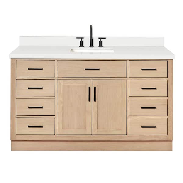 Hepburn 60 in. Single Sink Freestanding Bathroom Vanity in Oak with Pure White Quartz Top