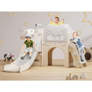Kyriah 7 ft. 7-In-1 White Gray Toddler Slide Kids Indoor Slide for Toddler 1 to 3, Indoor Outdoor Toddler Slide Playset