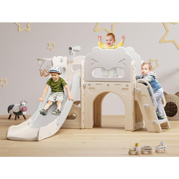 SEEUTEK Kyriah 7 ft. 7-In-1 White Gray Toddler Slide Kids Indoor Slide for Toddler 1 to 3, Indoor Outdoor Toddler Slide Playset