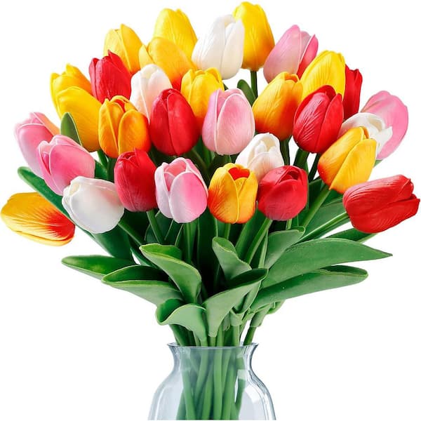 Afoxsos 13 in. Multi-Colored Indoor/Outdoor Artificial Tulips Flower Real Touch with Stems (15 Pieces)