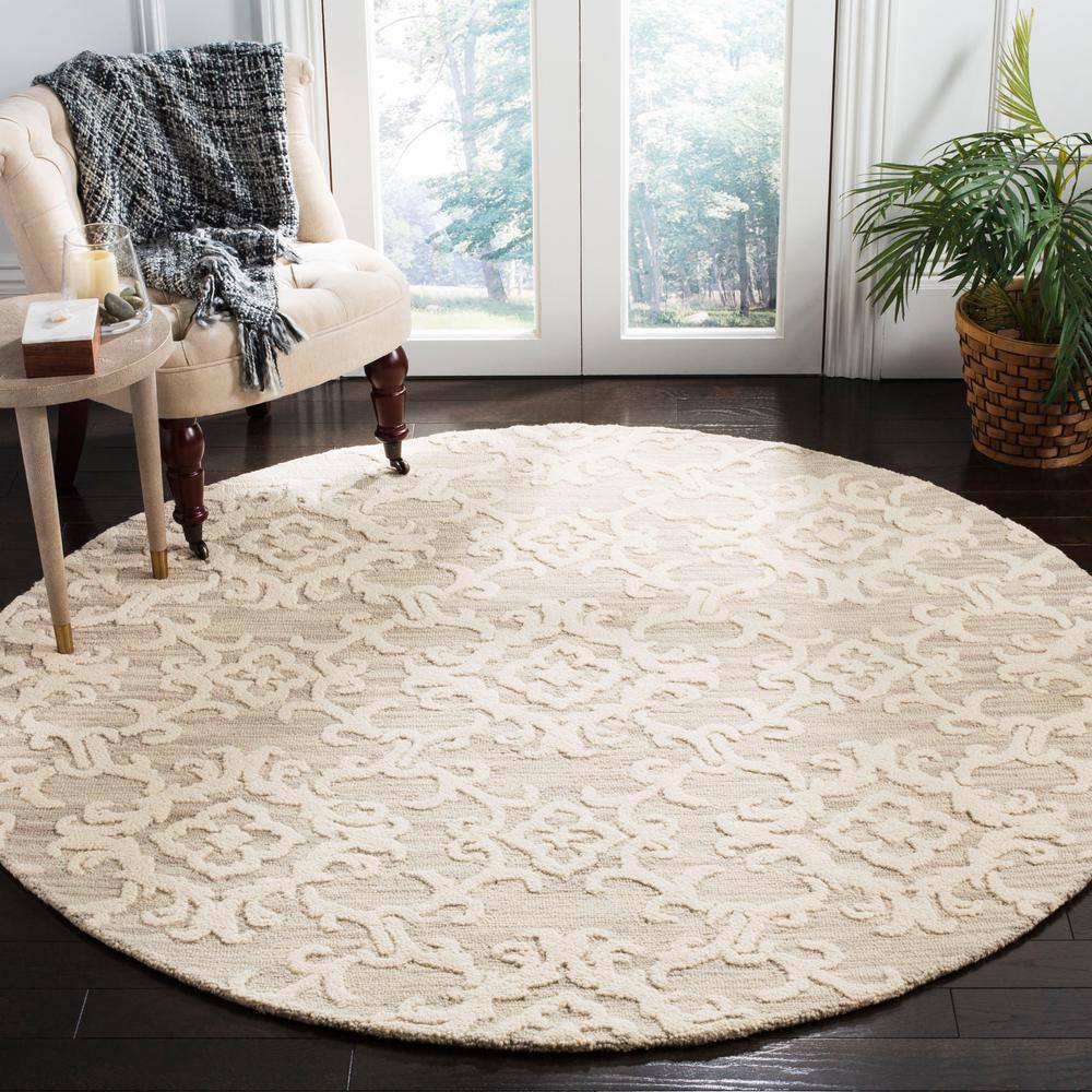 Gray Floral Handmade Wool Round Area Rug