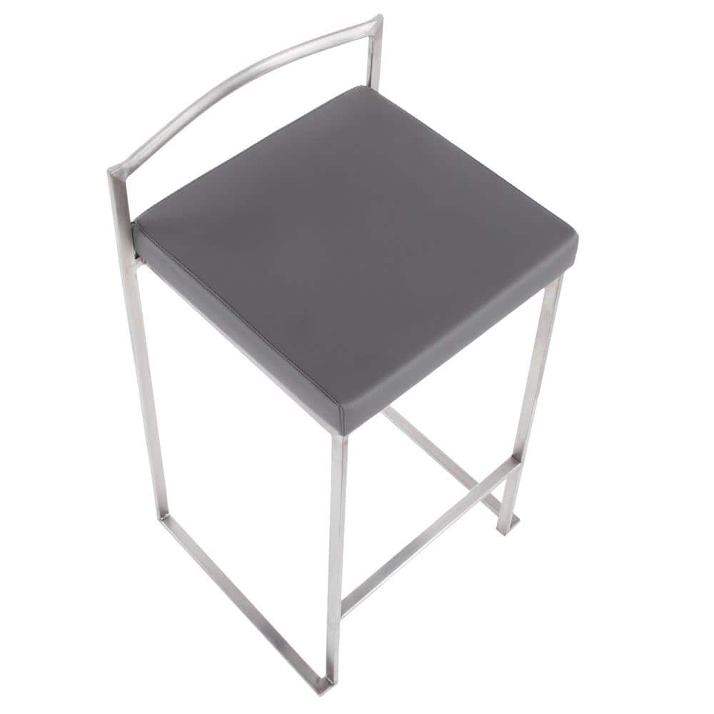 Modern Stainless Steel Counter Stools with Grey Faux Leather Cushion - Set of 2