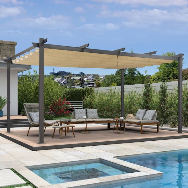 PURPLE LEAF 12 ft. W x 16 ft. D Modern Gray Aluminum Pergola with Khaki Adjustable UV Resistant Sun Shelter Canopy for Garden Deck