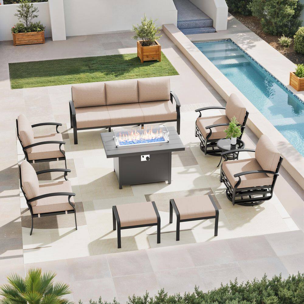 9-Piece Aluminum Patio Conversation Set with 55,000 BTU Fire Pit Table, 3-Seat Sofa, Rocking Chairs and Khaki Cushions price history on PriceWatchPro