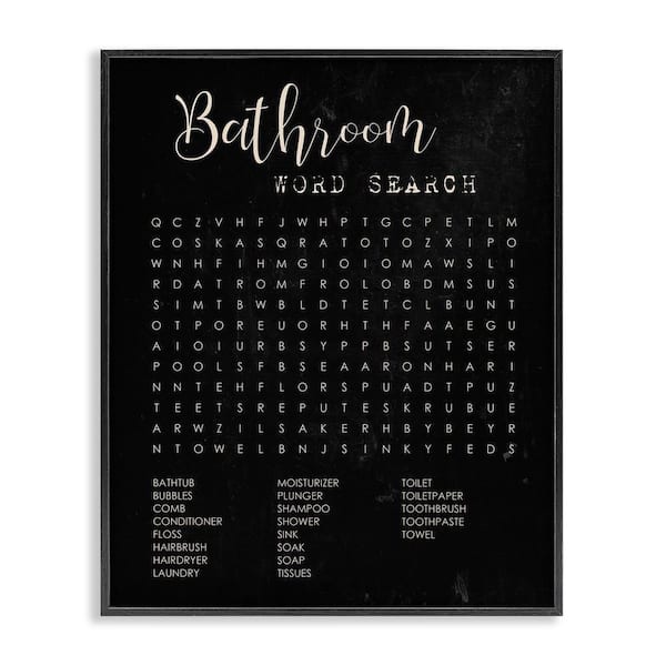 Bathroom Word Search Activity Distressed by Daphne Polselli Black Framed Giclee Art Print Typography 20 in. x 16 in.