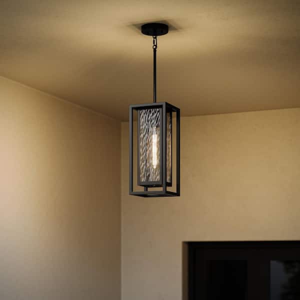 Shaw 17 in. 1-Light Outdoor Pendant with Clear Water Glass in Textured Black