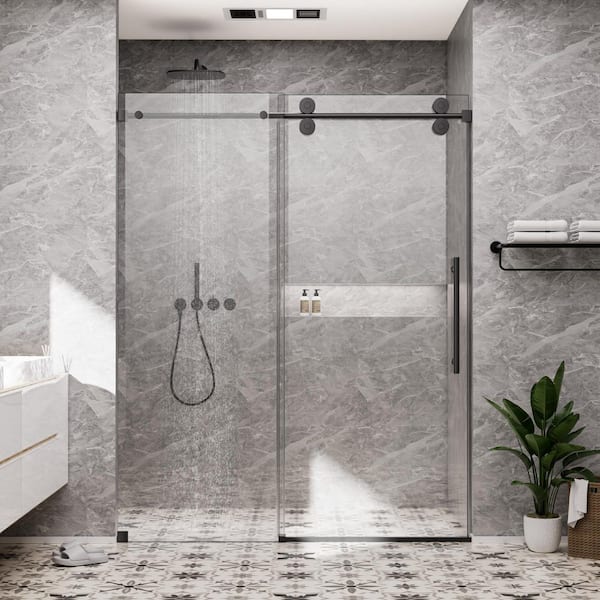 60 in. W x 80 in. H Single Sliding Frameless Shower Door in Matte Black with Smooth Sliding and 3/8 in. SGCC Clear Glass