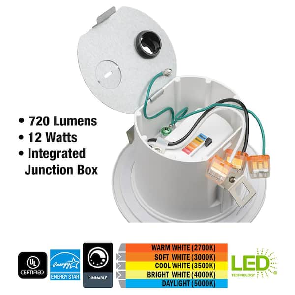 4 in. Canless Integrated Junction Box LED Recessed Light Trim 2-Way Mounting 650 Lumens Adjustable CCT Kitchen Lighting