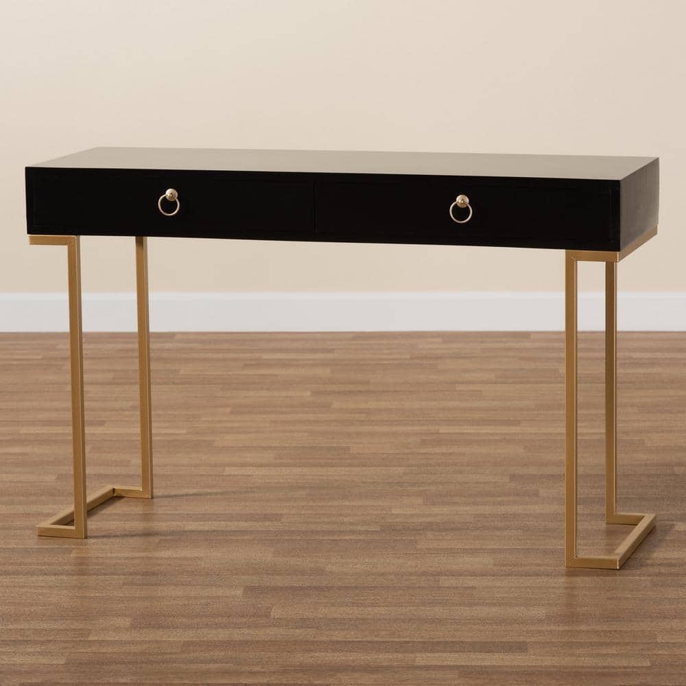 Black and Gold Wood Metal 2-Drawer Console Table