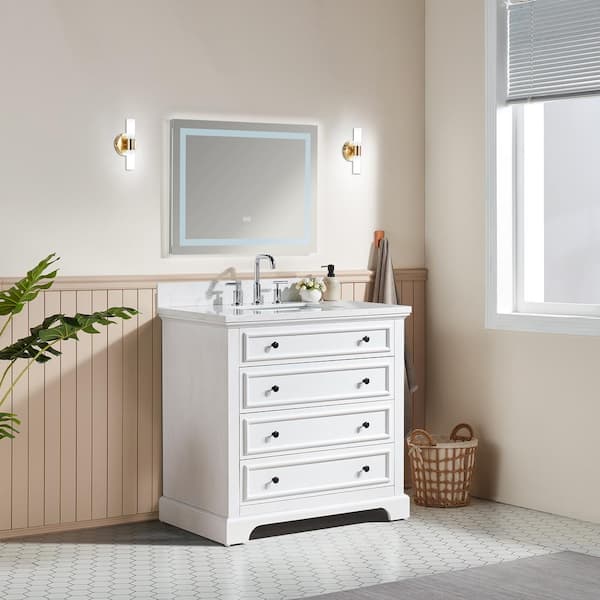 HBEZON 36 in. W x 22 in. D x 36 in. H Single Sink Freestanding Bath Vanity in White with White Carrara Marble Top