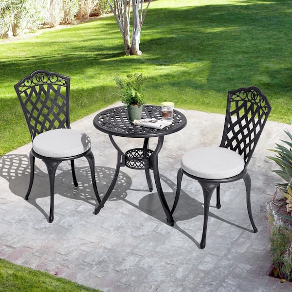 Black 3-Piece Cast Aluminum Round Outdoor Bistro Set with Gray Cushions and Umbrella Hole