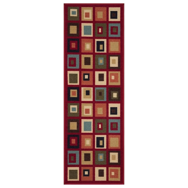 Ottomanson House Collection Non-Slip Rubberback Box Design 2x5 Indoor Runner Rug, 1 ft. 8 in. x 4 ft. 11 in., Red
