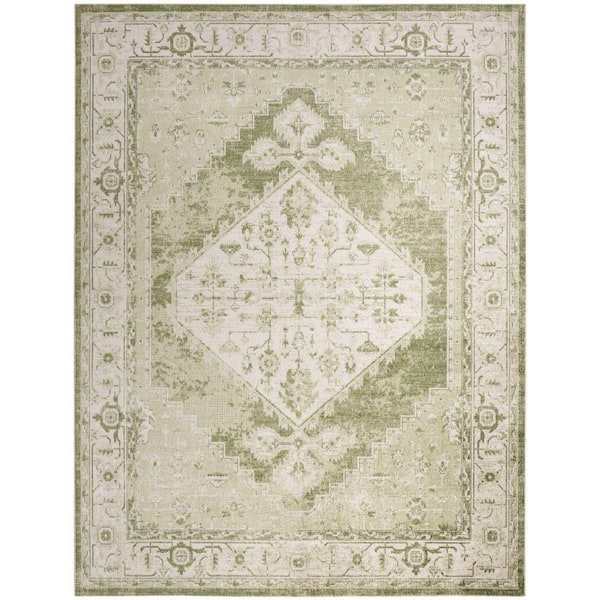 Nourison Astra Machine Washable Ivory Green 8 ft. x 10 ft. Center medallion Traditional Area Rug